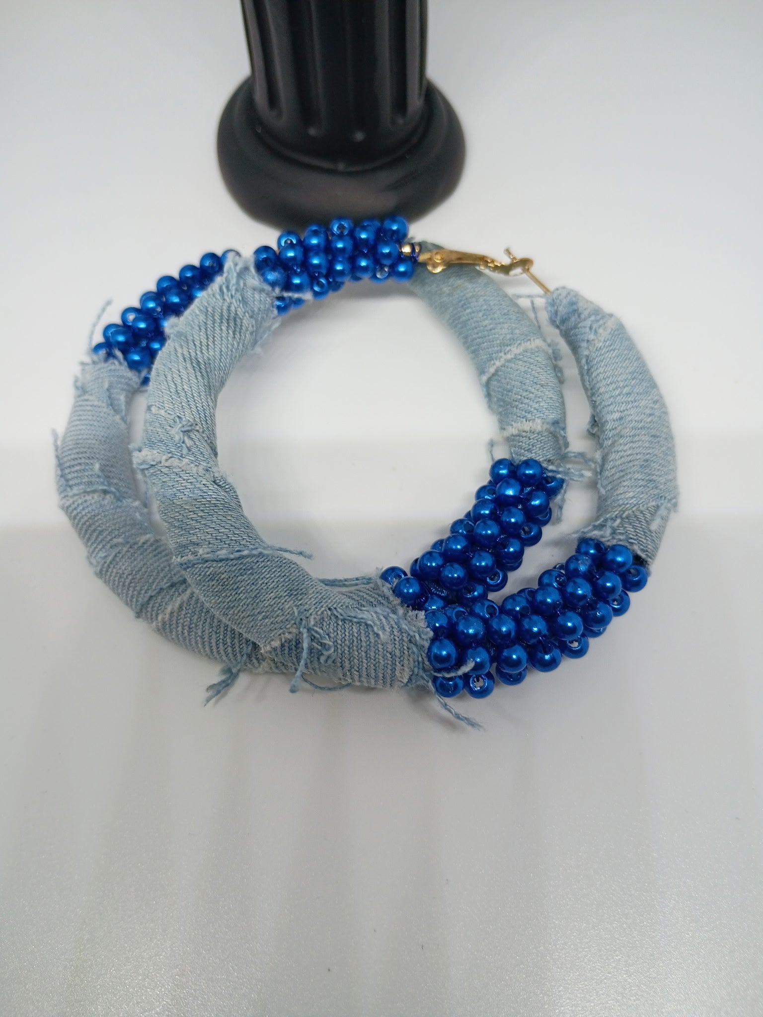 Royal Blue Denim & Pearls Bliss Hoops