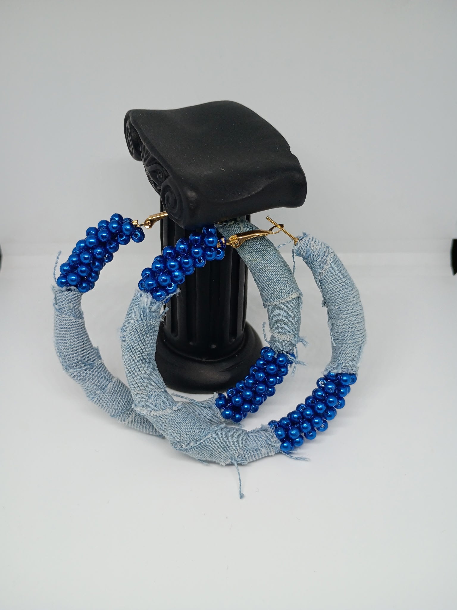 Royal Blue Denim & Pearls Bliss Hoops